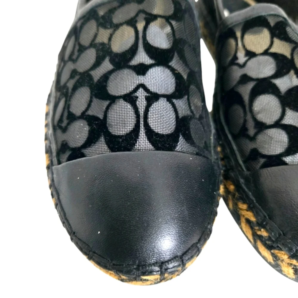 Coach Cleo Black Logo Round Leather Cap Toe Mesh Slip-On‎ Espadrilles